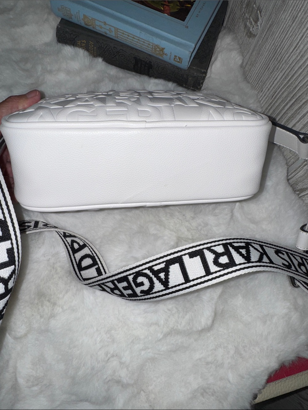 Karl Lagerfeld White Textured Logo Crossbody with Branded Strap - Picture 7 of 10